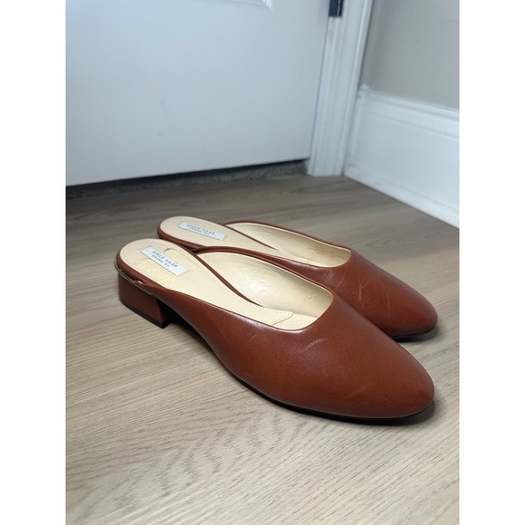Cole Haan Grand OS Womens Brown Leather Block Heel Mules Gold Trim Slip On 8B - Picture 2 of 10
